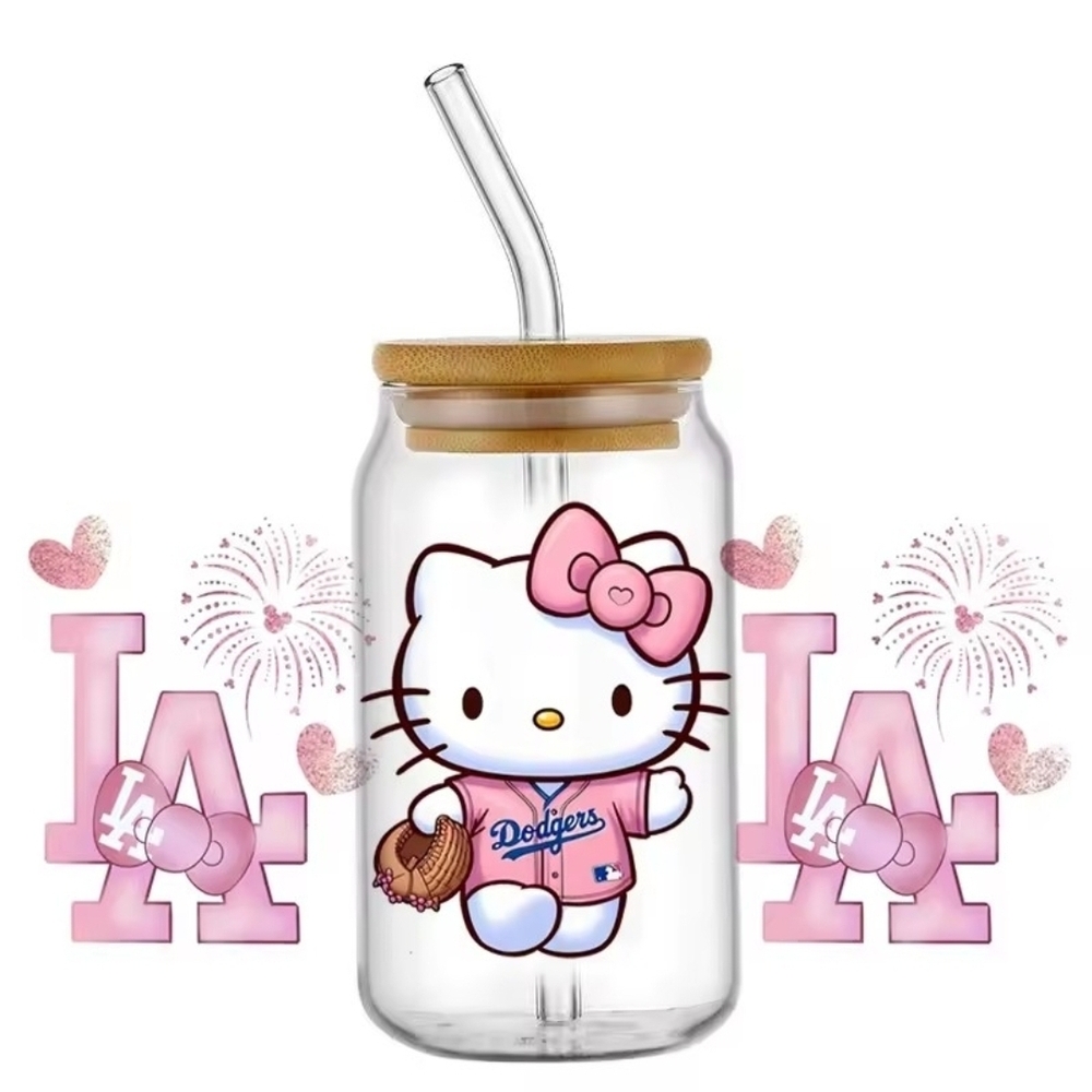 Hello Kitty Dodgers Glass Tumbler with Straw